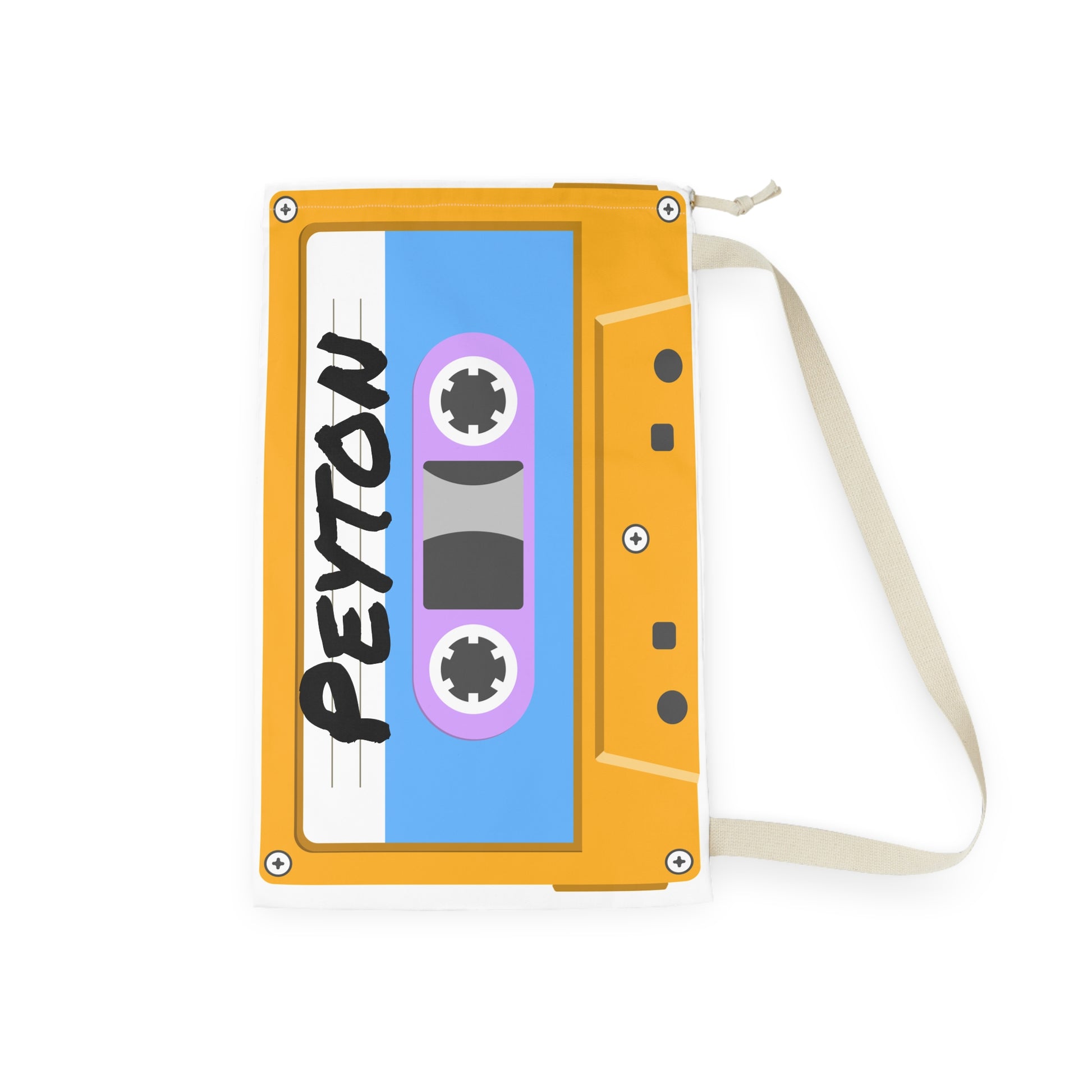 Custom orange laundry sack decorated with a vibrant cassette tape print and personalized name. The roomy 18 x 29 inch bag includes a secure drawstring top and sturdy shoulder strap for carrying clothes between bedroom, dorm room, camp cabin, or laundromat. Bright retro graphics create a fun nostalgic look while the lightweight fabric maintains its shape. Perfect for keeping dirty laundry organized and easy to transport.