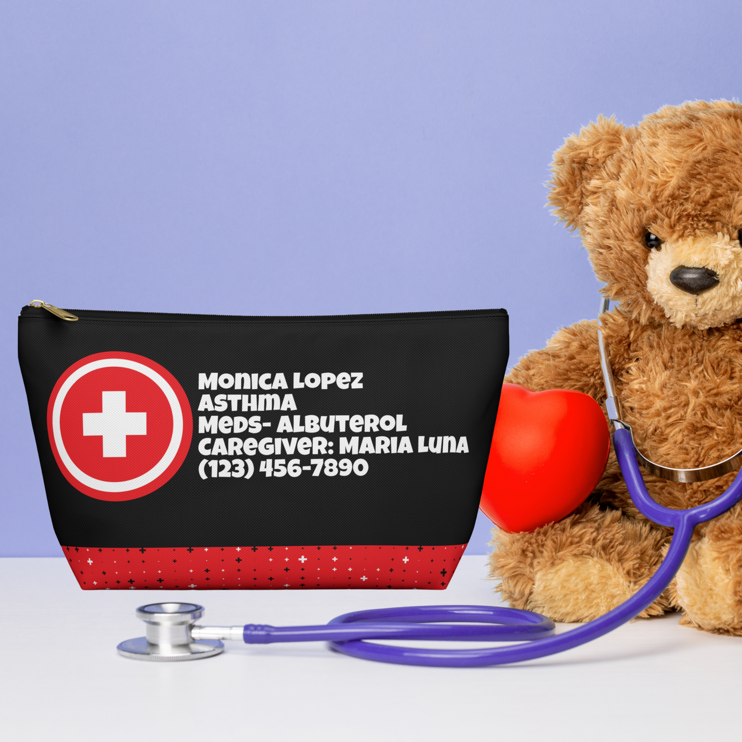 Custom travel medical pouch available in small and large sizes with your choice of a black pouch with a red bottom or a red pouch with a black bottom. Personalized organizer for emergency medications, medical information, caregiver contacts, first aid supplies, daily prescriptions, vitamins, supplements, and travel essentials. Fits easily into backpacks, purses, luggage, diaper bags, and sports bags.