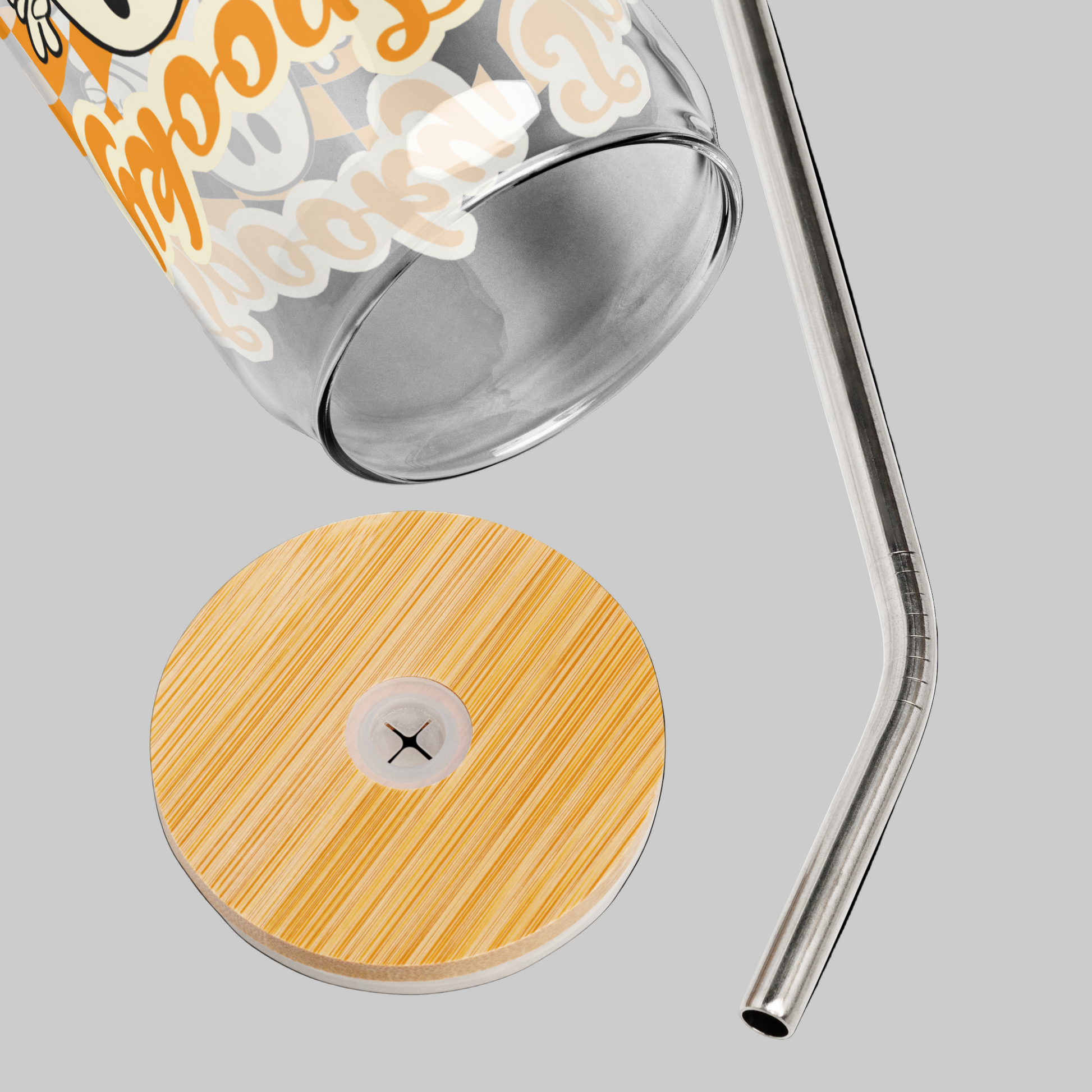 Cute Ghost Halloween Fall 16 oz Sipper Glass Funny Halloween Gift for Mom Spooky Mama Halloween Glass Coffee Cup, featuring a orange checkerboard design with a white ghost giving the peace sign and the text Spooky Mama in orange and white cursive bubble font by jaecrece.com