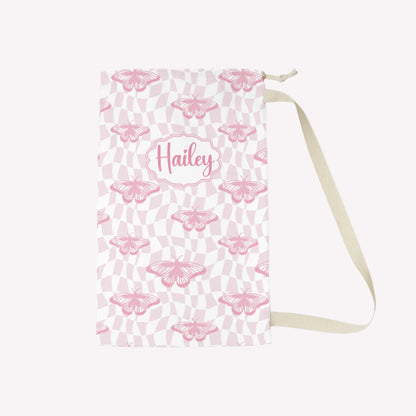 Pink Butterfly Pattern Laundry Bag | Personalized Name Option