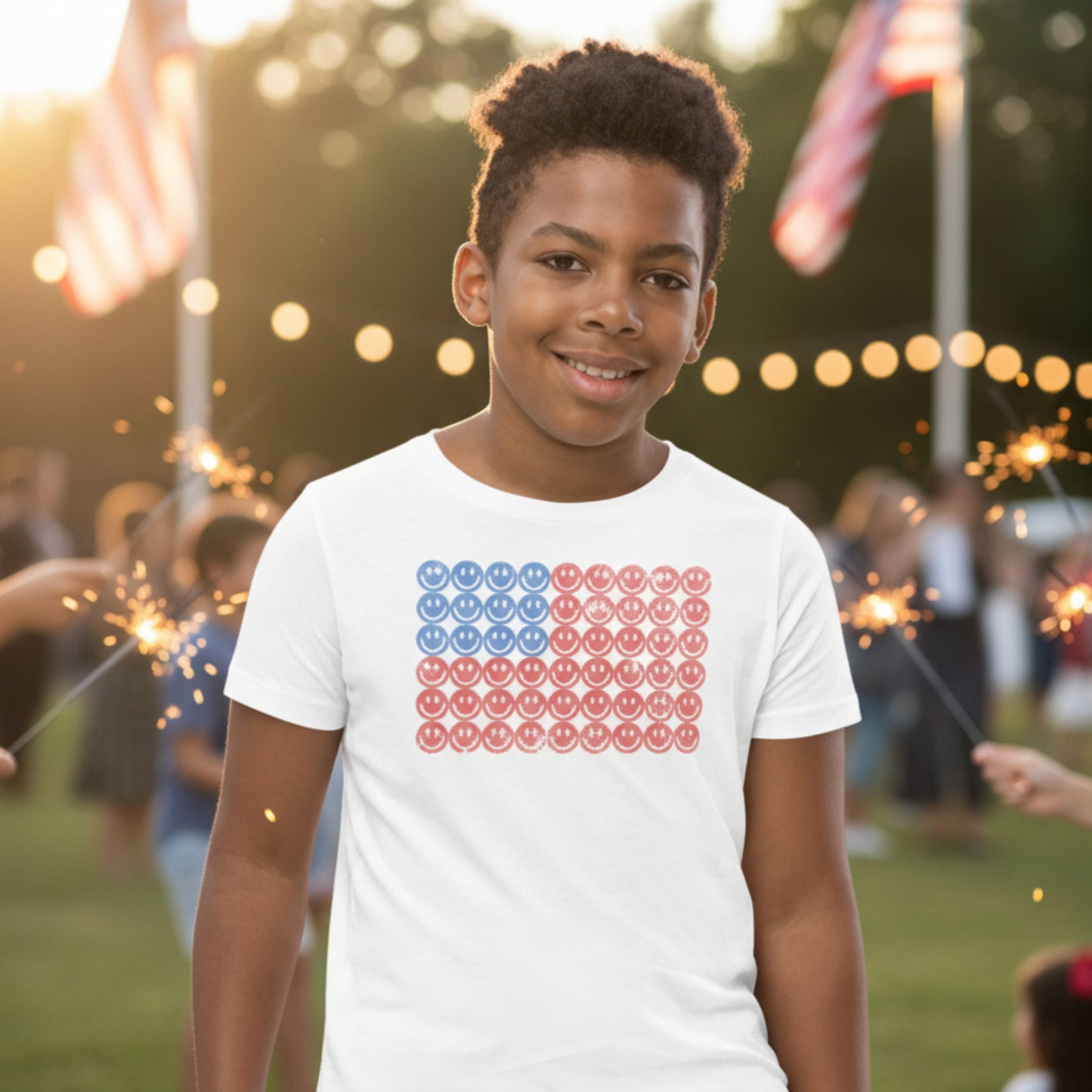 Cute kids 4th of July shirt featuring a retro smiley face American flag design, youth unisex graphic tee for matching family patriotic outfits and summer holidays
