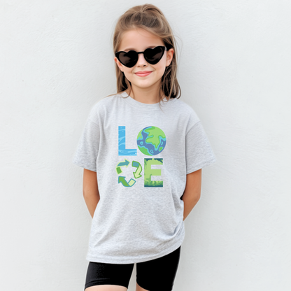 Cute kids Earth Day shirt featuring eco themed artwork celebrating Earth Day April 22 and promoting green living reduce reuse recycle and sustainable earth friendly habits. Youth unisex tee in sizes XS to XL in White Ash Heather Navy and Forest Green. Perfect for school Earth Day outfits classroom celebrations and mommy and me matching clothing sets. Soft comfortable everyday tee for nature loving kids.