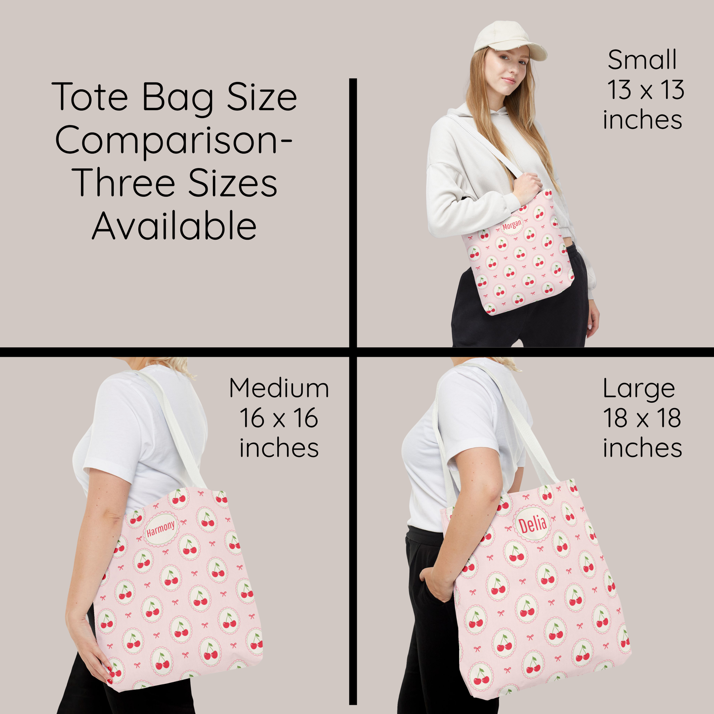 A four-panel size comparison graphic showing a pink cherry-patterned tote bag carried by a model in three sizes: Small 13 x 13 inches, Medium 16 x 16 inches, and Large 18 x 18 inches. The top-left panel reads 'Tote Bag Size Comparison-Three Sizes Available. Custom cherry tote featuring a soft pastel fruit pattern with pink cherries and decorative bow accents. Personalize this Cutecore accessory with a name or monogram for a unique pink aesthetic bag. Perfect for tweens, teenagers, teachers, school, shopping