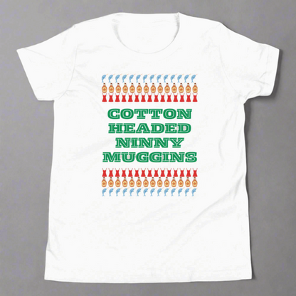 Cotton Headed Ninny Muggins child T-Shirt - youth holiday shirt for Elf Movie lovers. Comes in Black or white, features words “cotton headed ninny Muggins “ with narwhals, lingerie and maple syrup- all of Buddy the Elf’s favorite things- by jaecrece