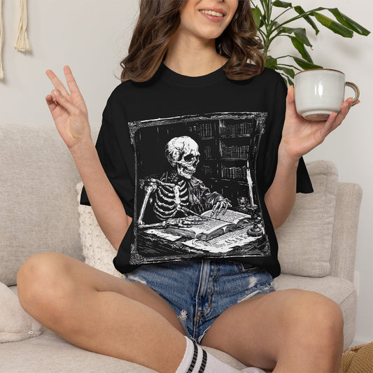 Vintage style gothic library scene featuring a skeleton reading by candlelight with antique book shelves and ornate framing