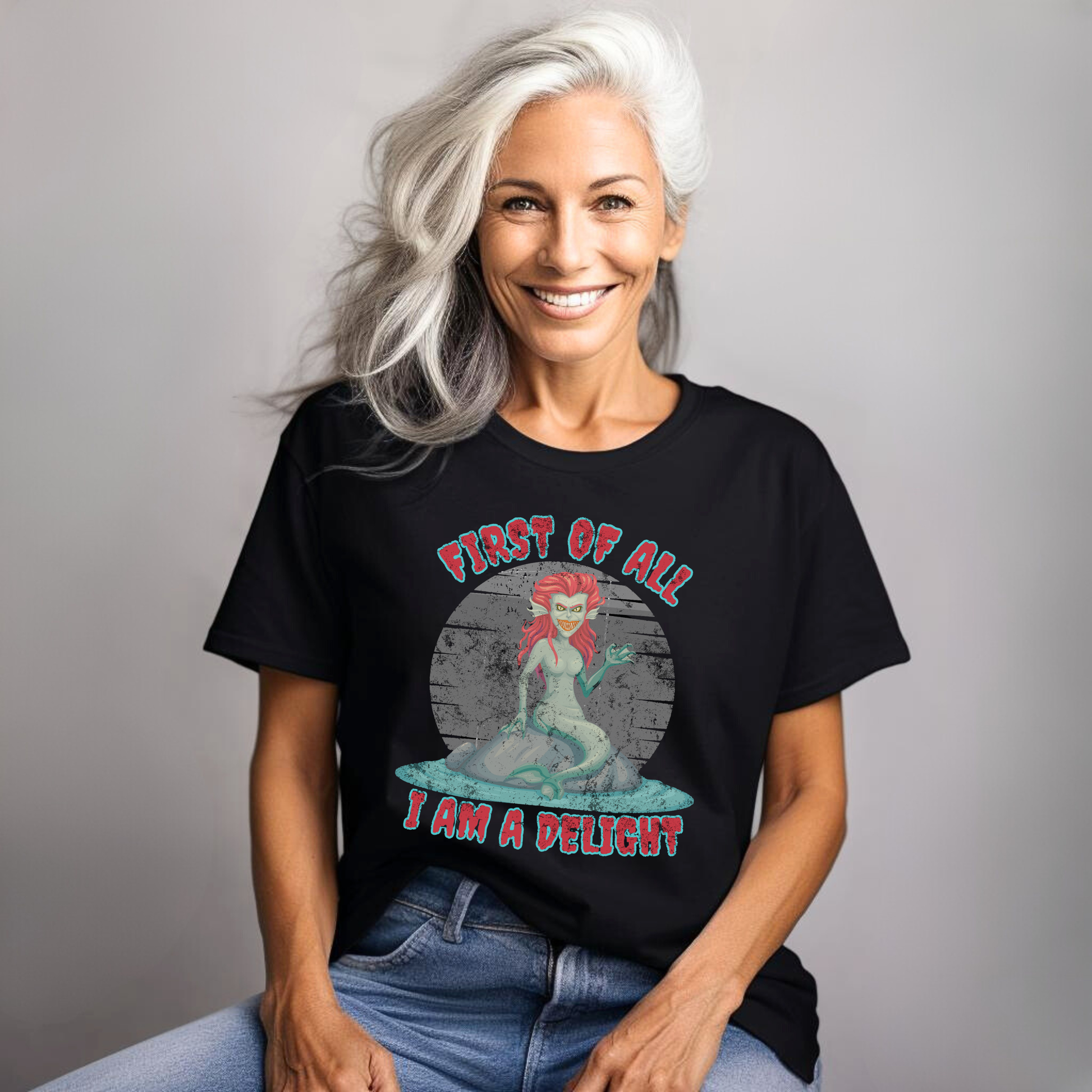Fantasy graphic t shirt featuring a dark siren mermaid with a sarcastic saying perfect for gothic fashion lovers spooky style and mythical creature fans
