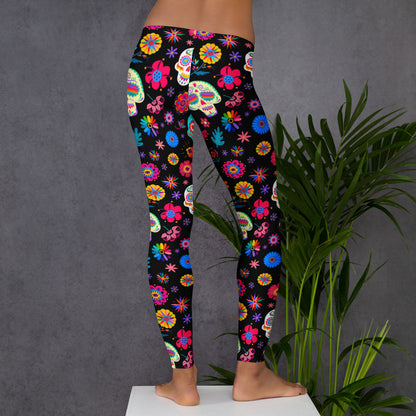 Bold and comfortable, these women’s leggings feature a colorful sugar skull print ideal for Día de los Muertos and Halloween. The mid-rise design and soft, stretchy fabric provide a flattering fit in sizes XS–XL. These leggings match toddler and youth sizes, creating a fun and festive family look for spooky season outings, cultural parades, school events, or fall photos with a Latin-inspired twist.