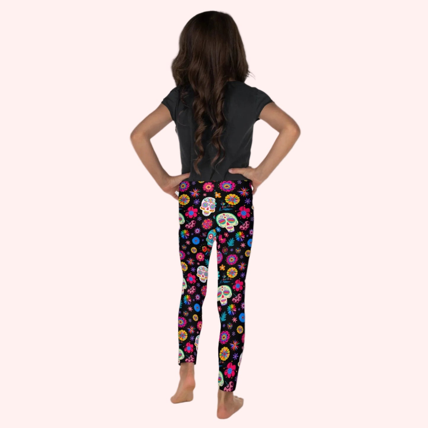 Dia de los Muertos girls Leggings, Sugar Skull Girls Pants, Day of the Dead Halloween Costume Tights. Black yoga pants with sugar skulls, and flowers, by jaecrece