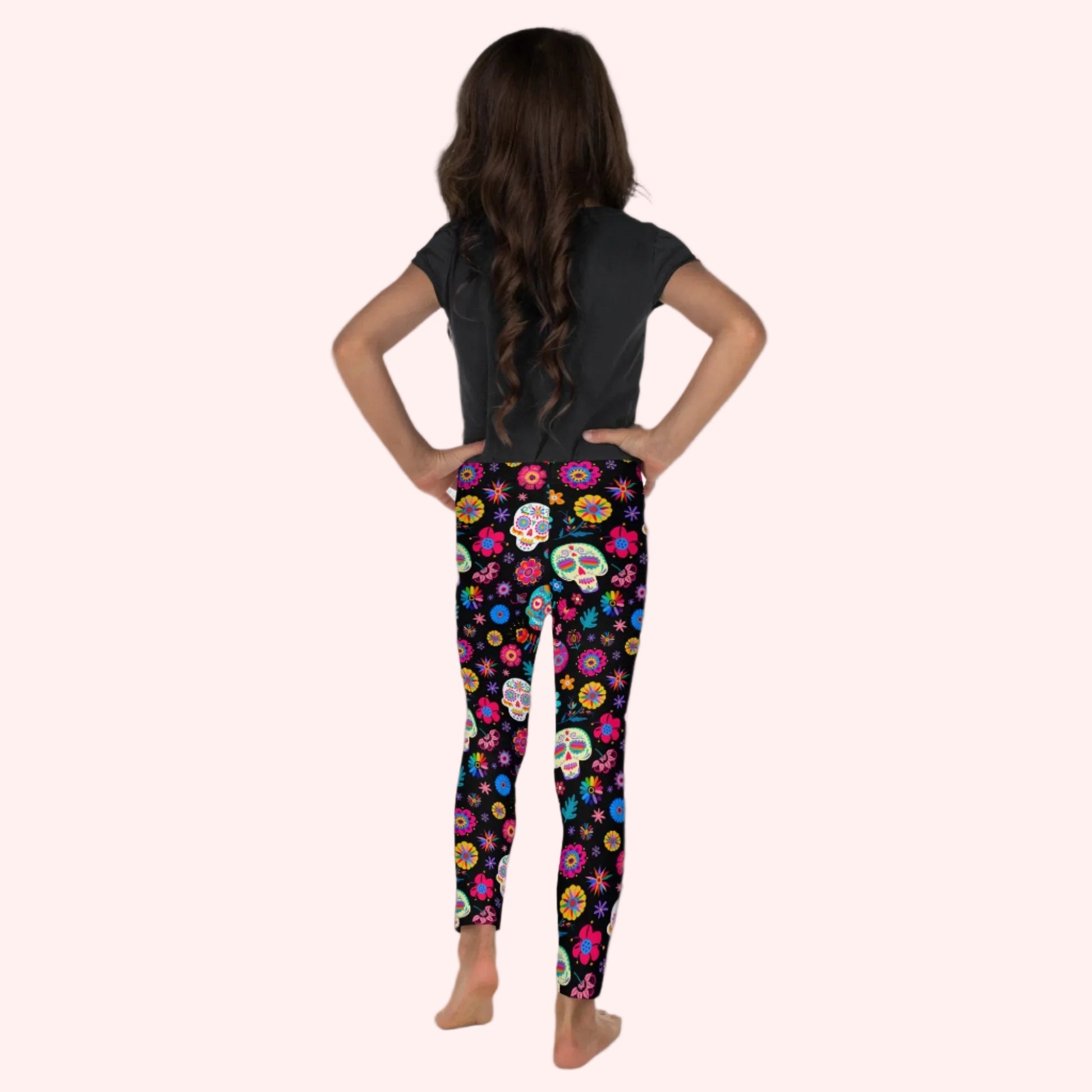 Dia de los Muertos girls Leggings, Sugar Skull Girls Pants, Day of the Dead Halloween Costume Tights. Black yoga pants with sugar skulls, and flowers, by jaecrece
