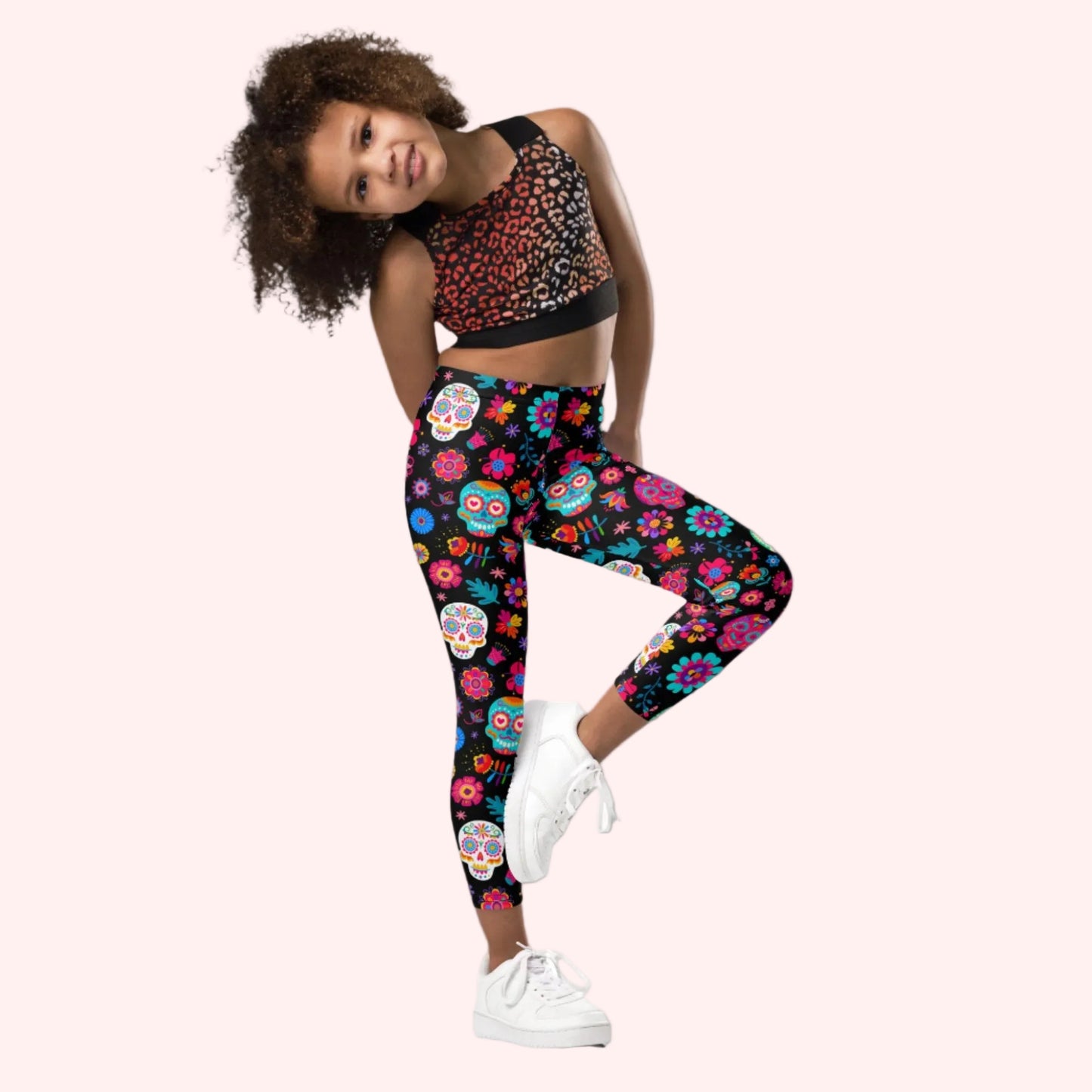 Dia de los Muertos Toddler Leggings, Sugar Skull Girls Pants, Day of the Dead Halloween Costume Tights. Black yoga pants with sugar skulls, and flowers, by jaecrece