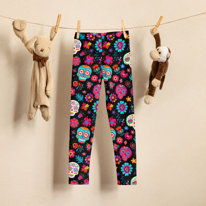 Dia de los Muertos Toddler Leggings, Sugar Skull Girls Pants, Day of the Dead Halloween Costume Tights. Black yoga pants with sugar skulls, and flowers, by jaecrece