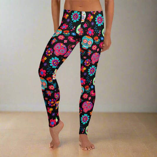 Vibrant and festive, these Día de los Muertos leggings for women feature sugar skull artwork and floral accents that celebrate Mexican culture. Available in sizes XS–XL with a comfortable mid-rise waistband, they’re ideal for Halloween, fall parties, and themed classroom looks. Made from a soft, stretchy blend that moves with you. Coordinates with toddler and youth leggings for matching family outfits.