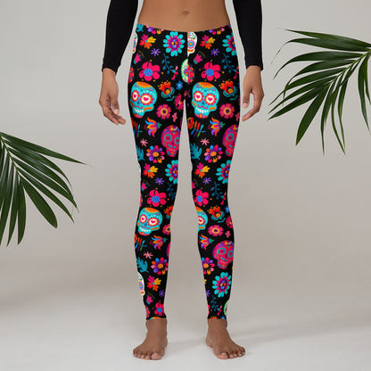 Make a statement this fall with women’s sugar skull leggings inspired by Día de los Muertos traditions. Featuring a mid-rise fit and stretchy, breathable fabric, they offer comfort and color for Halloween events or cultural celebrations. Sizes XS–XL are perfect for women looking to stand out at fall festivals. Pairs with matching toddler and youth leggings for a spooky, spirited family outfit.