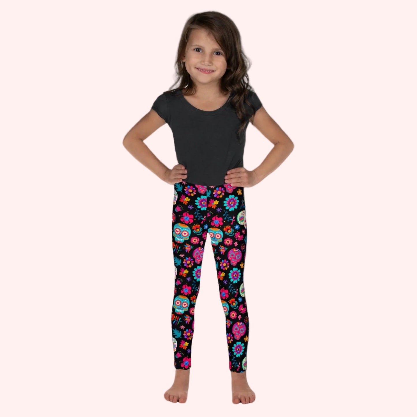 Dia de los Muertos Toddler yoga pants, Sugar Skull Girls Pants, Day of the Dead Halloween Costume Tights. Black yoga pants with sugar skulls, and flowers, by jaecrece