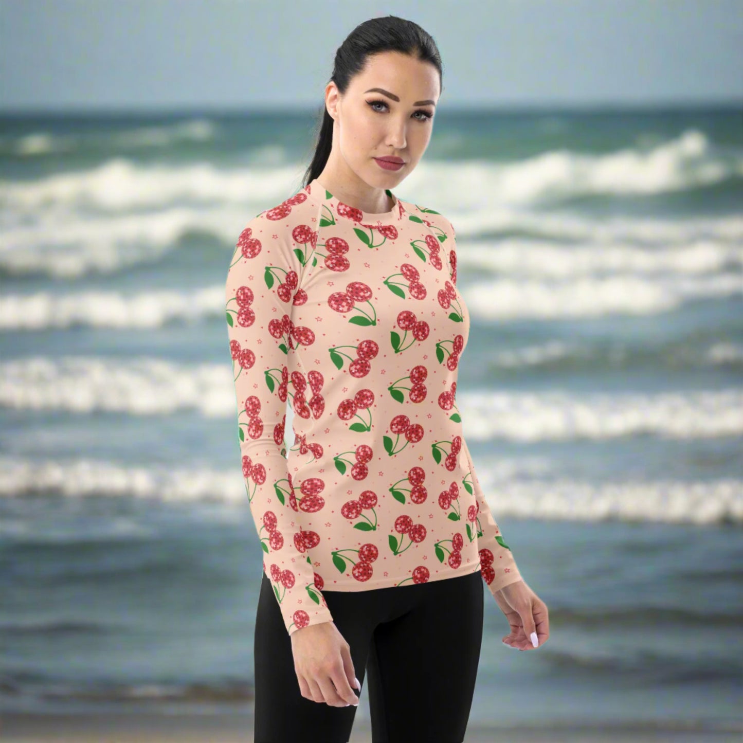 Fun and colorful women’s cherry print rash guard perfect for anyone who loves retro fashion, Y2K inspired swimwear, playful beach outfits, and statement summer clothing for vacations and pool days.