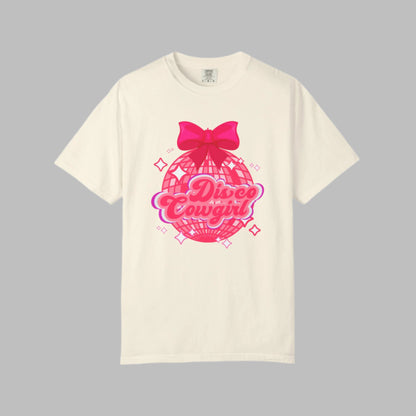 This women's western graphic tee features a pink disco ball with star accents, topped with a cute pink bow and “Disco Cowgirl” in script. A great choice for parties, Nashville trips, or rodeo nights. Comfort Colors 1717 shirt offers a relaxed fit and soft fabric in fun colors. Perfect for boutique-style cowgirl fashion. Sizes S–4XL.

