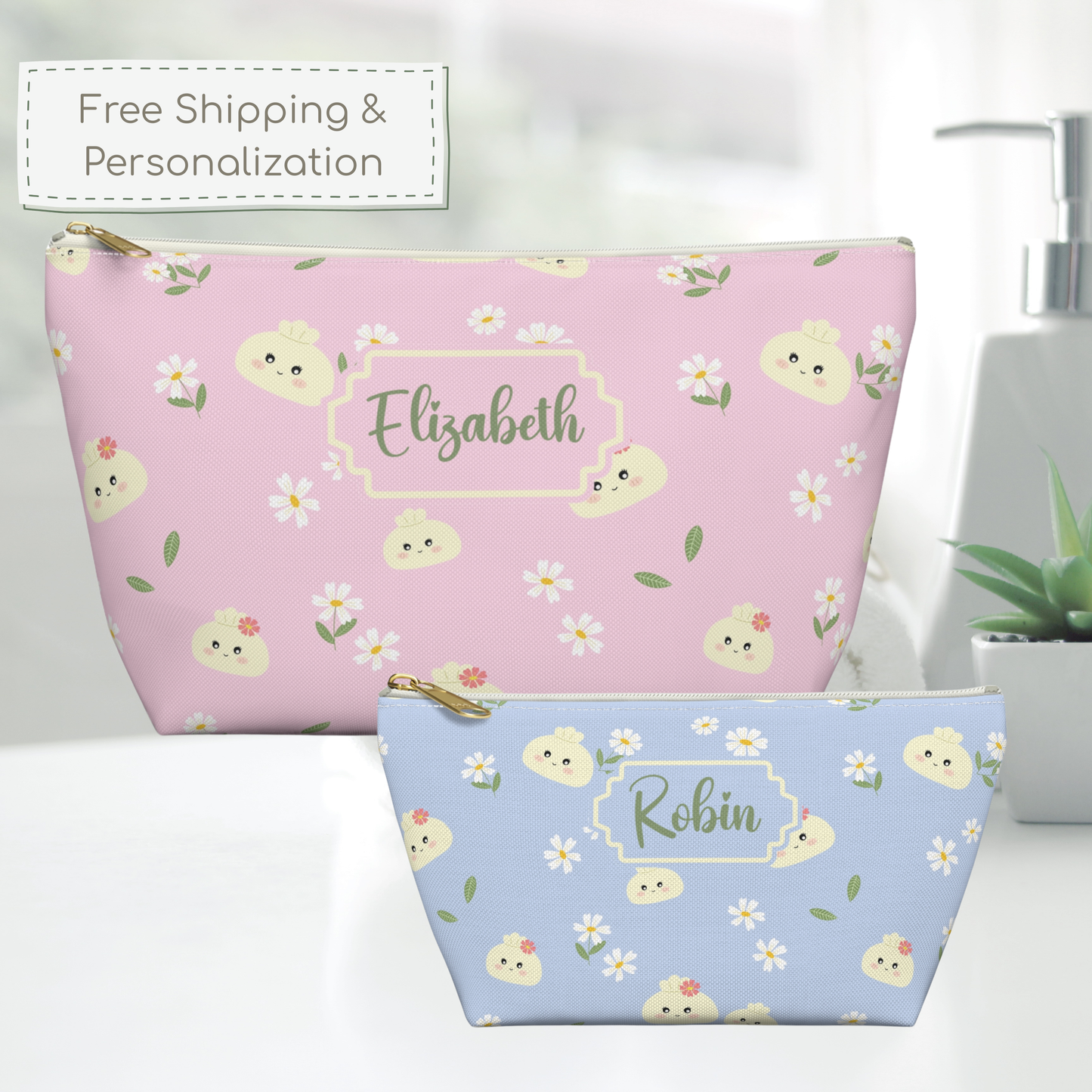Personalized dumpling makeup bag with adorable smiling dumpling characters, delicate daisies, and green leaves on a soft pastel background. Customizable with a name, nickname, or short phrase in your choice of font and personalization color. Cute accessory pouch for makeup, toiletries, travel essentials, school supplies, and everyday organization.