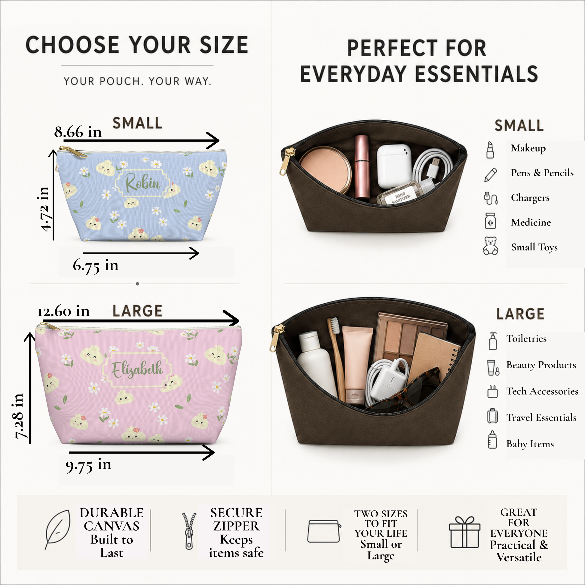 Cute personalized food themed pouch featuring charming dumpling characters surrounded by tiny daisies and green leaves. Choose a font and personalization color to add your name, nickname, or short message. This versatile zipper bag works beautifully as a makeup pouch, toiletry organizer, travel accessory, pencil case, or storage bag for small essentials.
