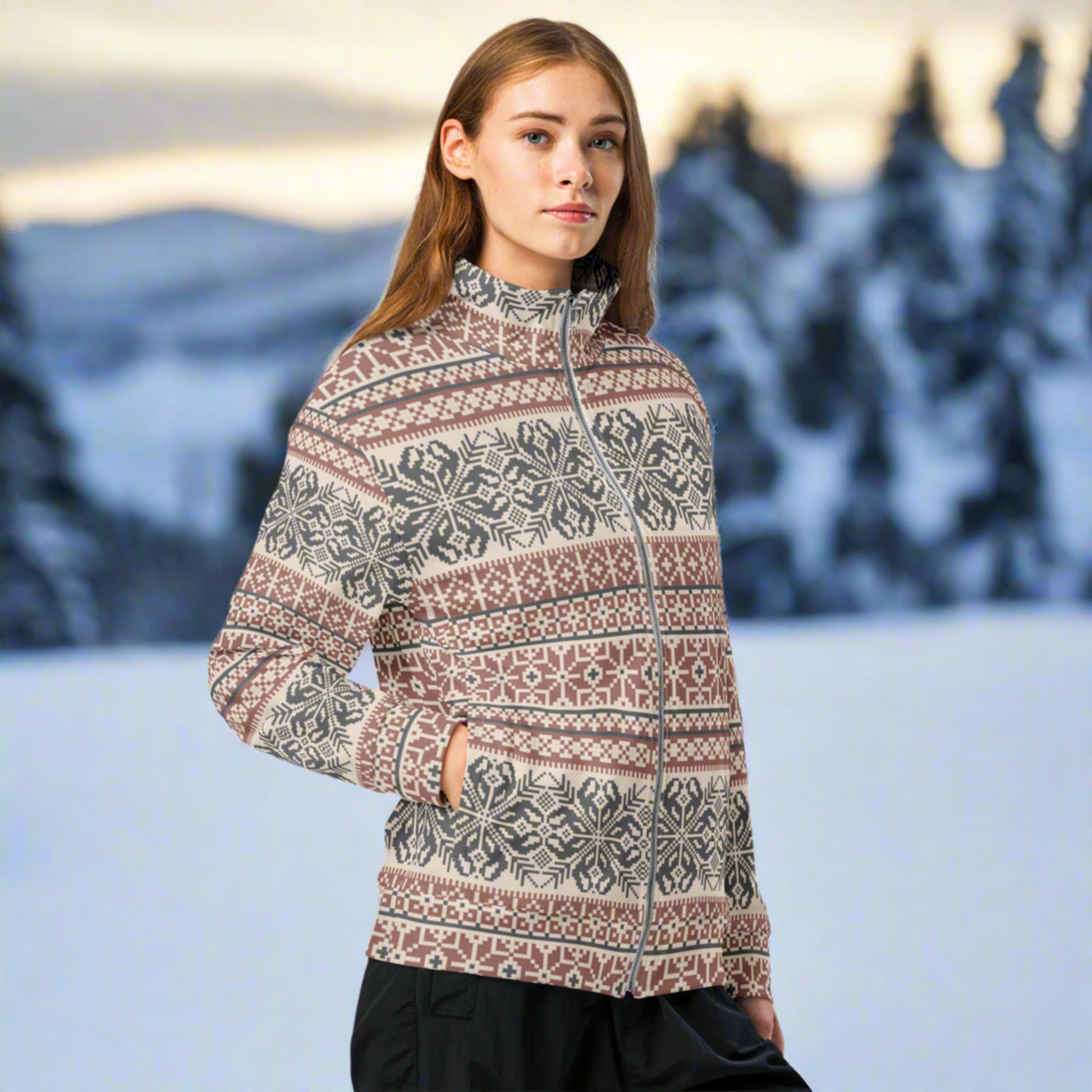 Image: Fair Isle Unisex Lightweight Track Jacket, with a burgundy and navy traditional Nordic snowflake pattern, by jaecrece