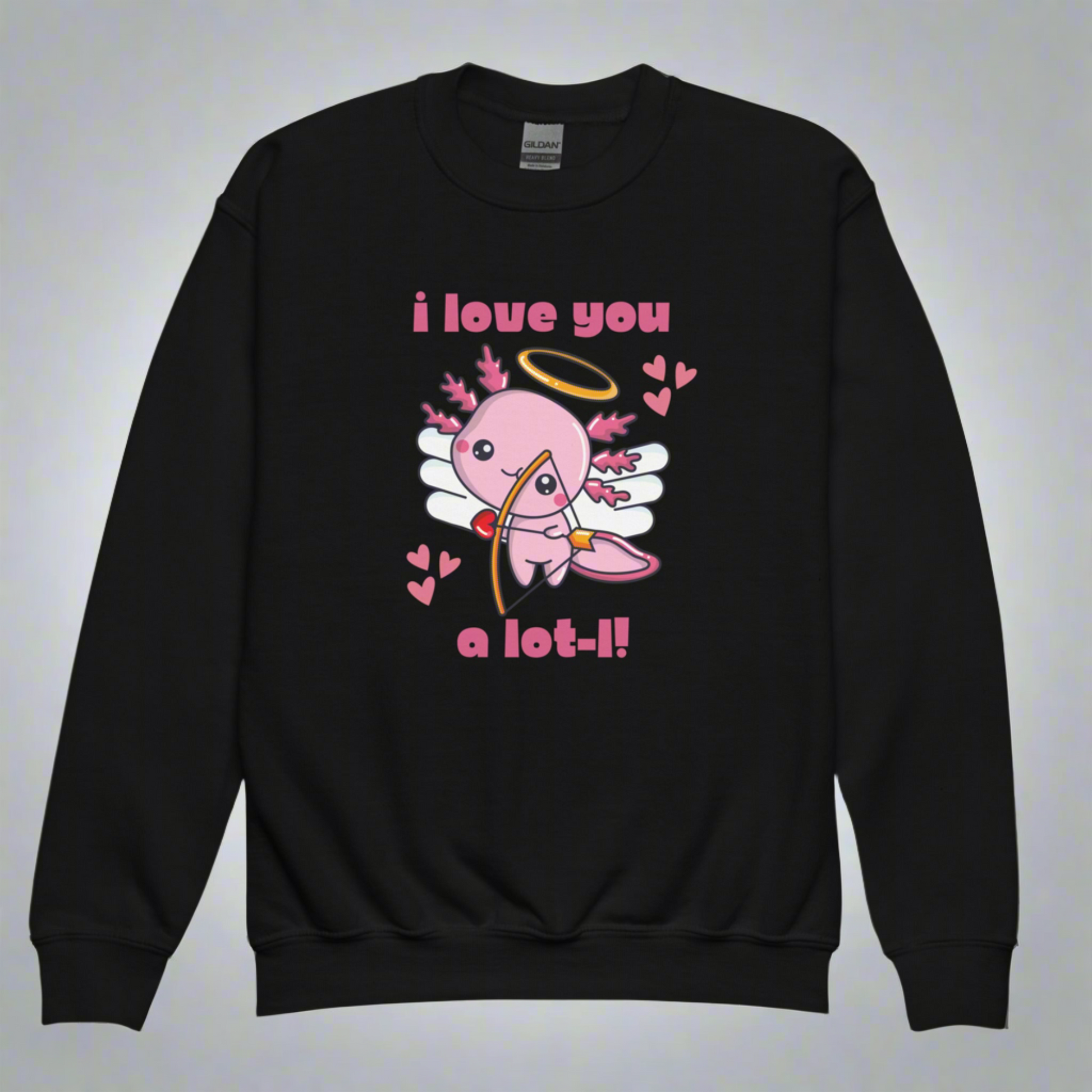 Axolotl Love Child Sweatshirt, Pink Animal Cupid Love Sweater. This Valentines Day kids pullover has a cute Mexican Salamander Axolotl Cupid with the text I Love you a Lot-L. Perfect gift for animal lover. Available in gray black white, by jaecrece