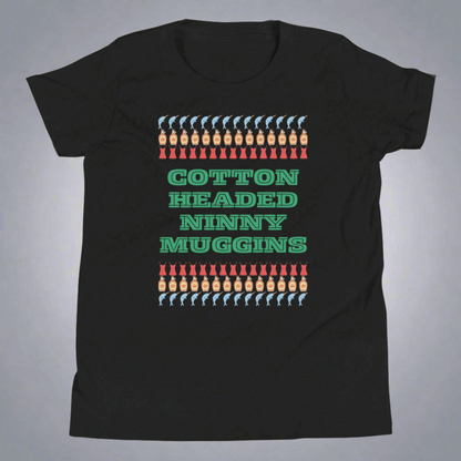 Cotton Headed Ninny Muggins child T-Shirt - youth holiday shirt for Elf Movie lovers. Comes in Black or white, features words “cotton headed ninny Muggins “ with narwhals, lingerie and maple syrup- all of Buddy the Elf’s favorite things- by jaecrece