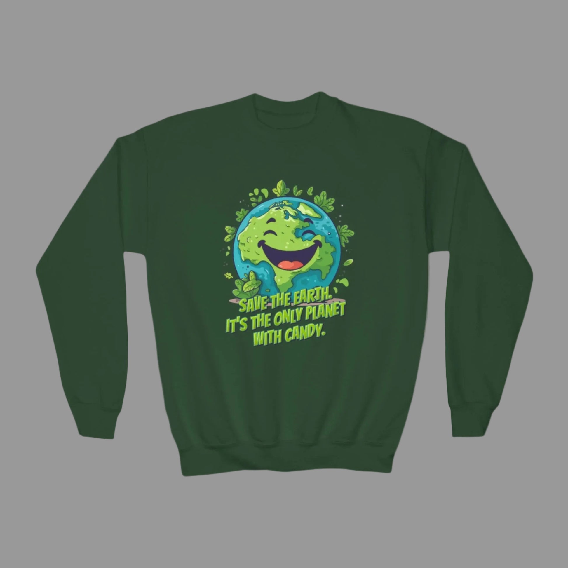Image: Earth Day kids sweatshirt, available in white, black, grey, forest green and navy. Save the Planet youth unisex crewneck shirt with large cartoon smiling planet earth, with water and leaves. Text reads Save the Earth! Its the only planet with candy! Makes a great gift and reminder to save our planet, by jaecrece