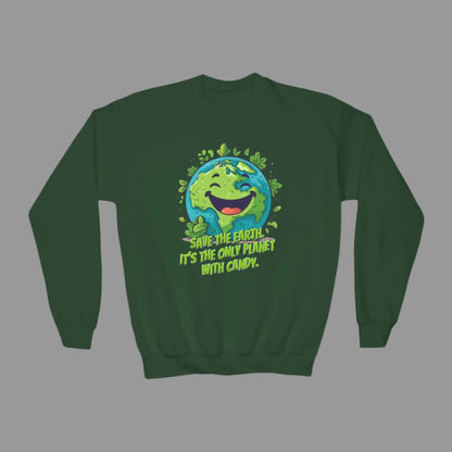 Image: Earth Day kids sweatshirt, available in white, black, grey, forest green and navy. Save the Planet youth unisex crewneck shirt with large cartoon smiling planet earth, with water and leaves. Text reads Save the Earth! Its the only planet with candy! Makes a great gift and reminder to save our planet, by jaecrece