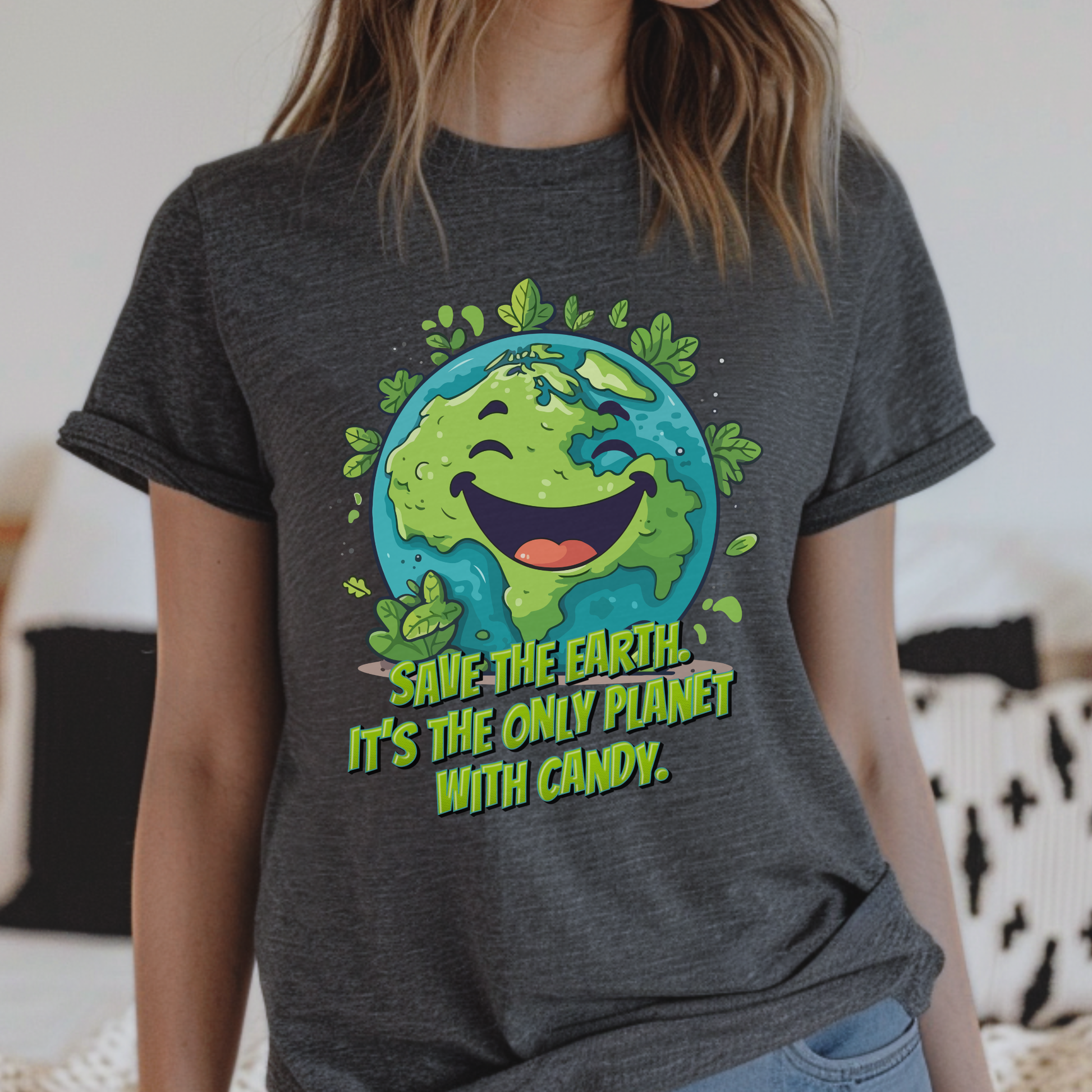 Funny Earth Day shirt with a cheerful cartoon planet Earth surrounded by leaves and the words Save Earth! It’s the only planet with candy! This adult graphic tee makes a fun Earth Day gift for teachers, environmentalists and nature lovers. Coordinate with a kids Earth Day shirt for matching family Earth Day outfits.