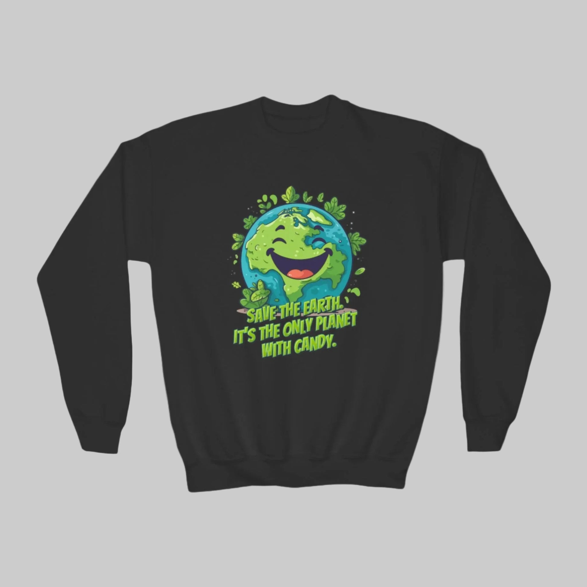 Image: Earth Day kids sweatshirt, available in white, black, grey, forest green and navy. Save the Planet youth unisex crewneck shirt with large cartoon smiling planet earth, with water and leaves. Text reads Save the Earth! Its the only planet with candy! Makes a great gift and reminder to save our planet, by jaecrece