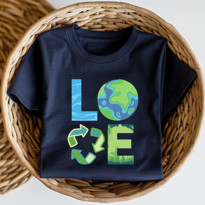 Nature inspired toddler graphic tee with Earth Day LOVE design showing globe recycling and greenery symbols
