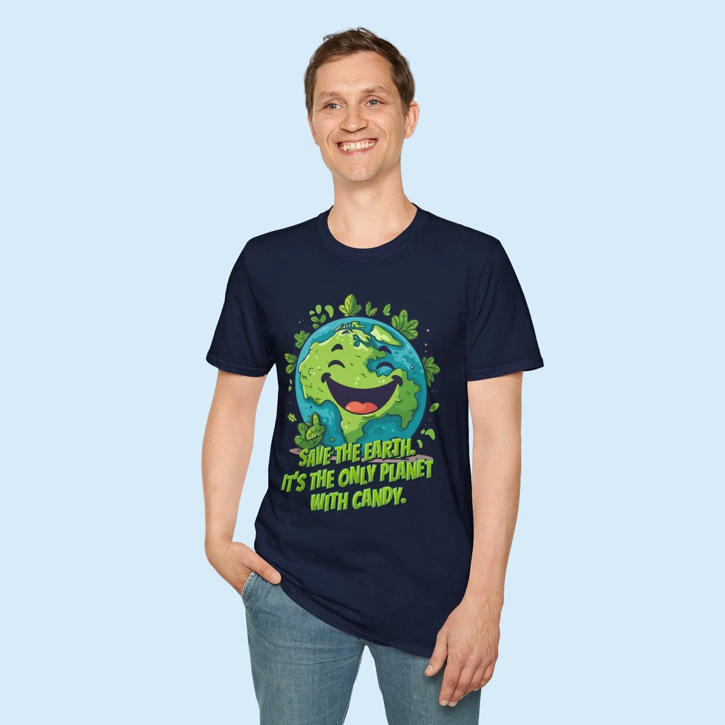 Earth Day T shirt for adults featuring a happy smiling planet Earth with leafy details and a funny Save Earth message about candy. This cute environmental gift is perfect for nature lovers, teachers, environmentalists and tree huggers. A playful planet shirt for Earth Day clothing, spring outfits and family Earth Day celebrations.