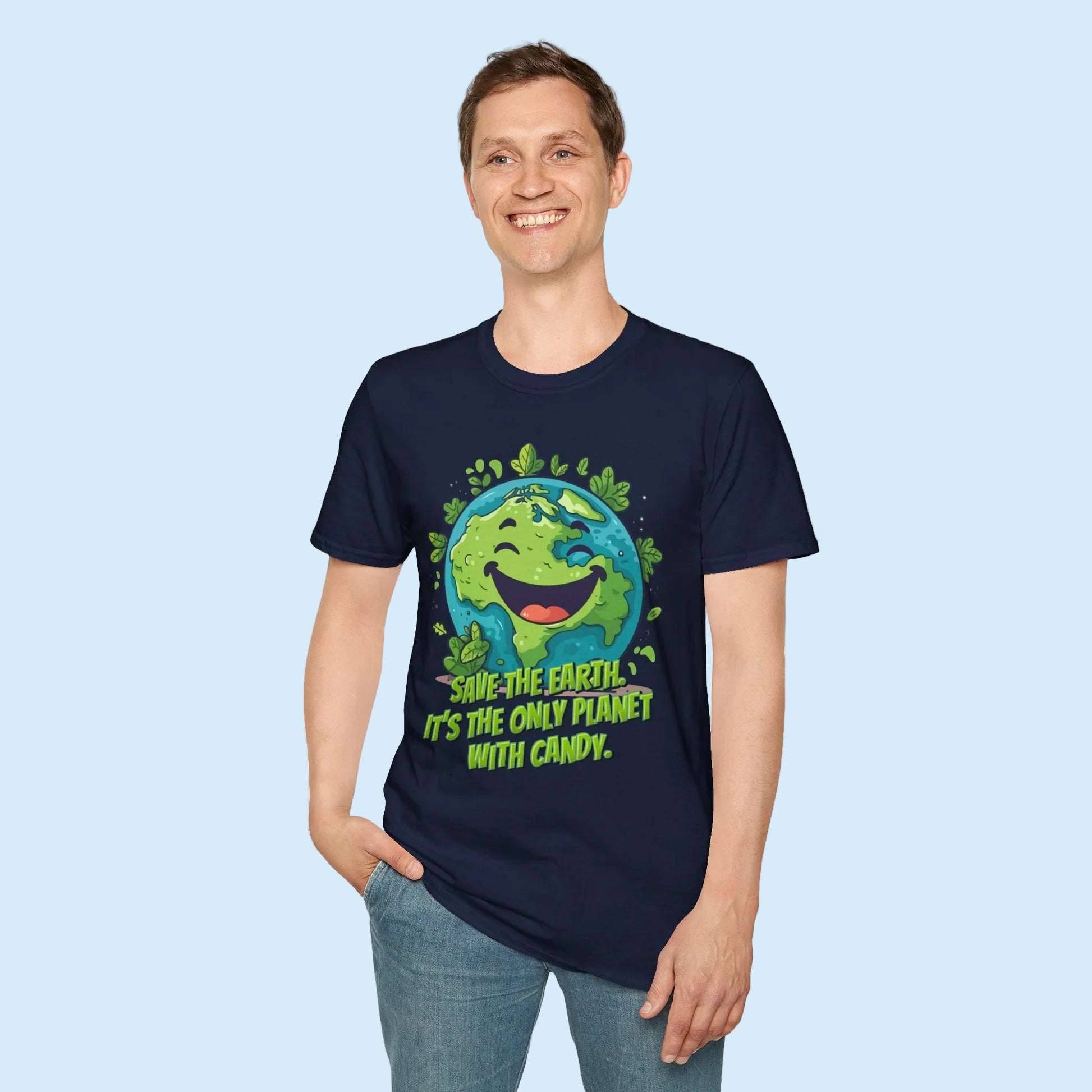 Earth Day T shirt for adults featuring a happy smiling planet Earth with leafy details and a funny Save Earth message about candy. This cute environmental gift is perfect for nature lovers, teachers, environmentalists and tree huggers. A playful planet shirt for Earth Day clothing, spring outfits and family Earth Day celebrations.