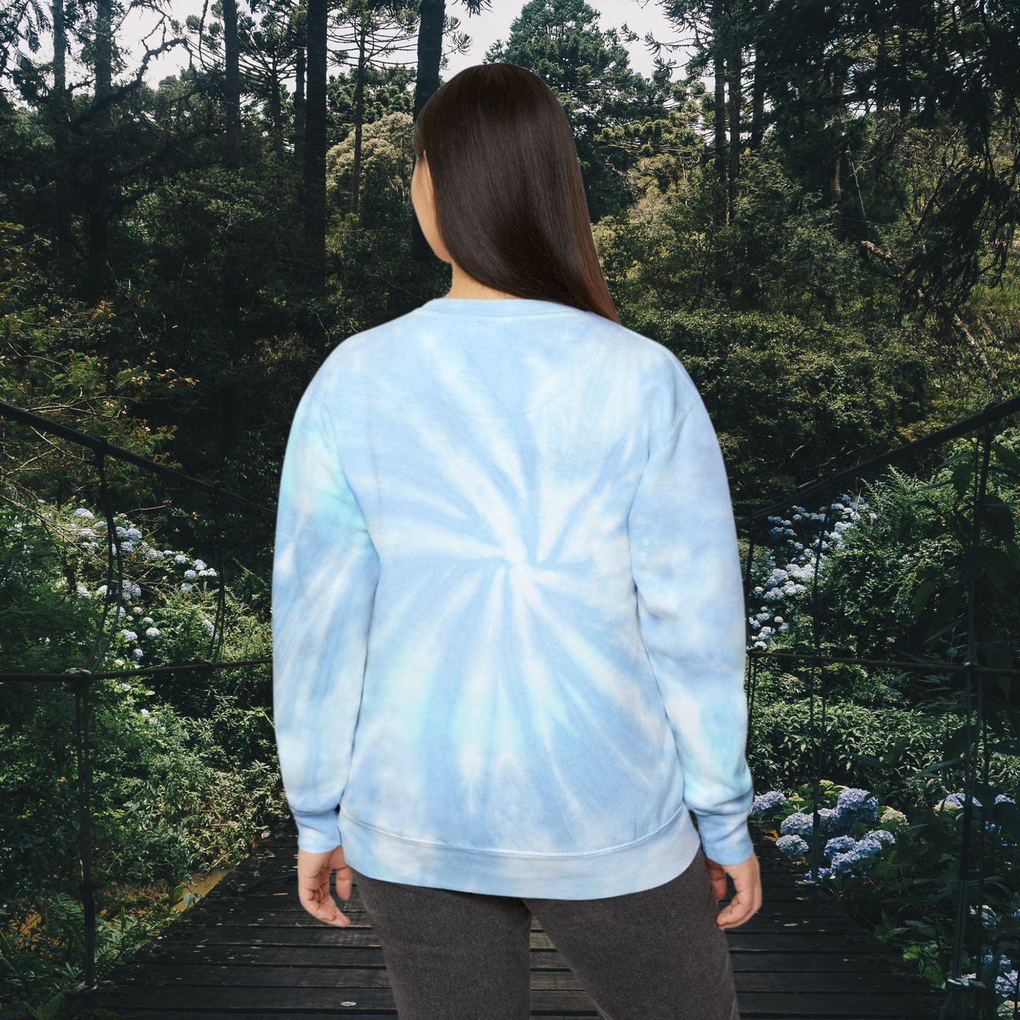 Image: LOVE Earth Blue Tie Dye Sweatshirt, perfect for Earth Day, the letters in LOVE represent our planets oceans, Mother Earth, Reduce, Reuse Recycle, and our plants and trees. This graphic is printed on a blue tie dye crewneck sweatshirt, by jaecrece