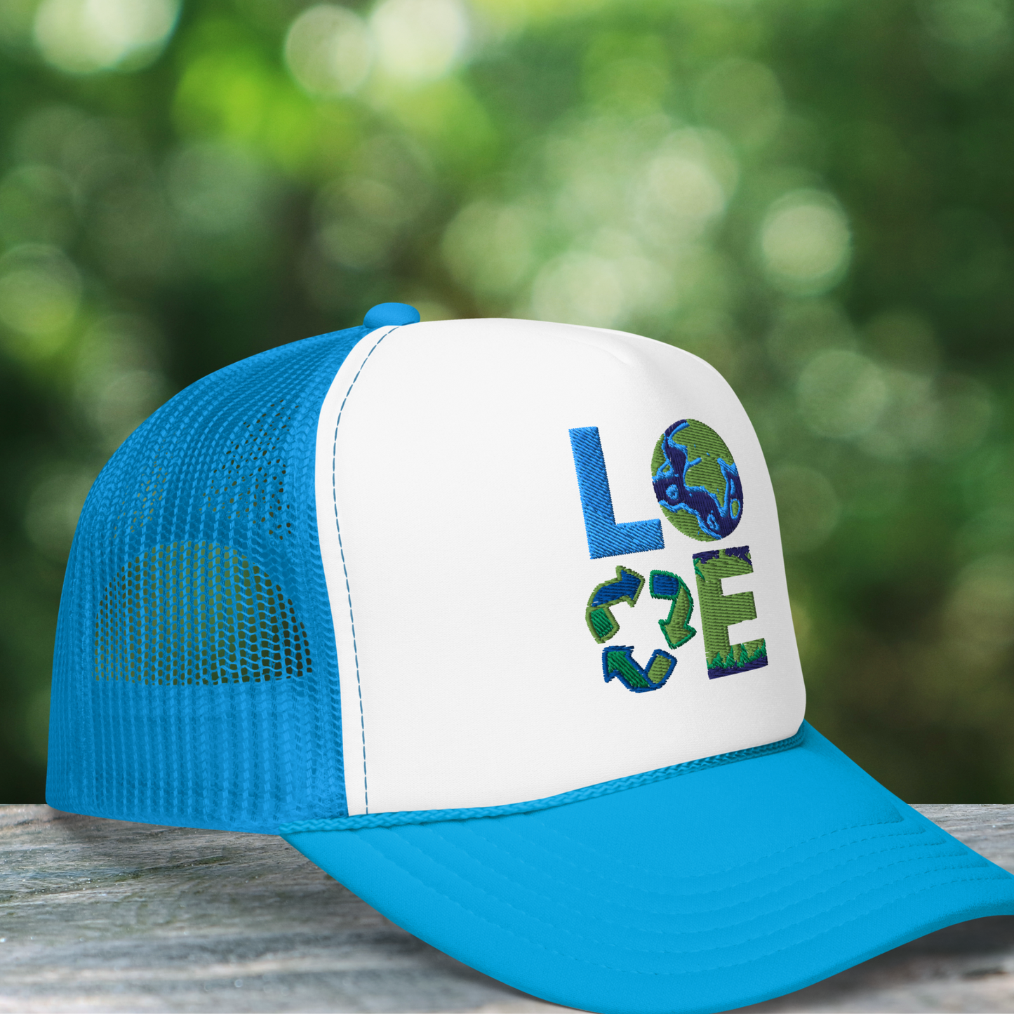 Embroidered LOVE Earth foam trucker hat designed for women who love cute and casual everyday style. This eco inspired baseball cap features a breathable mesh back, structured foam front, and adjustable snapback fit. Perfect Earth Day hat for moms, teachers, and casual outfits. Ideal for summer wear, errands, ball games, and outdoor activities. Trendy eco aesthetic accessory for sustainable style lovers and thoughtful gift giving.