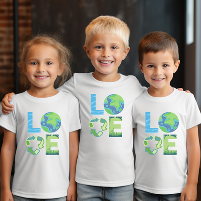 Earth Day kids shirt featuring a playful eco friendly graphic design celebrating Earth Day on April 22. Youth unisex tee available in sizes XS to XL in White Ash Heather Navy and Forest Green. Perfect for reduce reuse recycle messaging green living and sustainable earth friendly fashion. Great for school Earth Day outfits classroom celebrations and mommy and me matching shirts for kids who love nature and the planet.