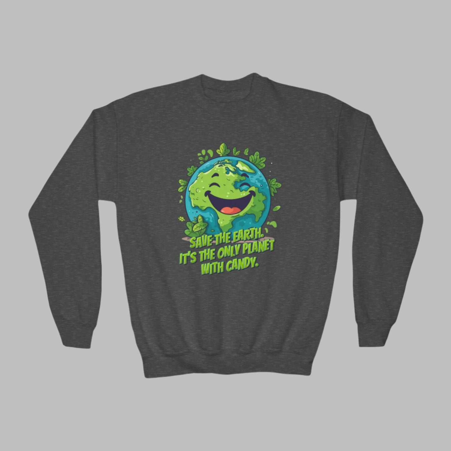 Earth Day sweatshirt for kids featuring cute cartoon Earth and fun Save the Earth candy quote. Soft youth crewneck in white black navy dark heather and forest green sizes XS XL. Perfect for school events spring outfits and everyday wear. Great gift for eco conscious families students teachers and kids who enjoy funny shirts planet lover clothing idea