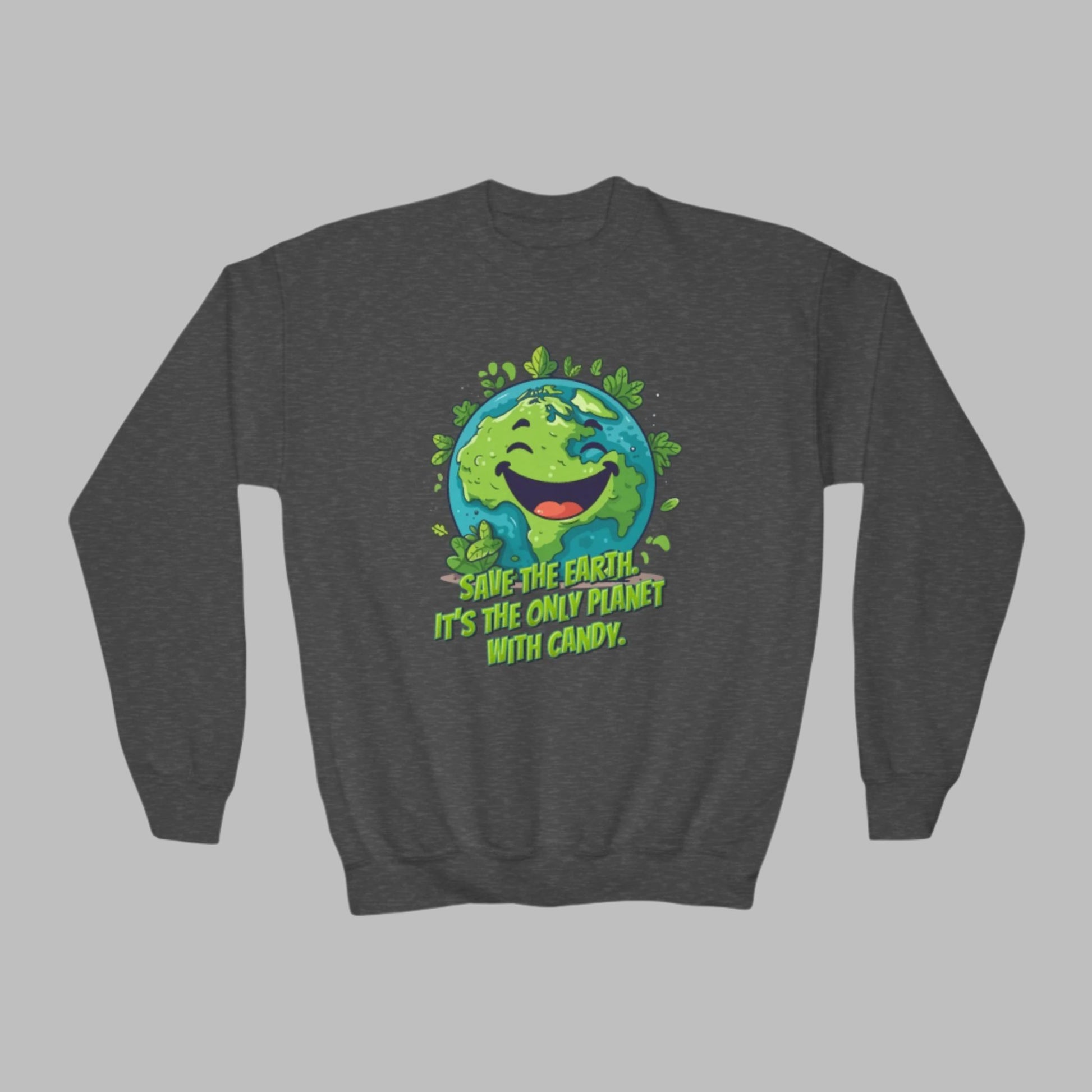 Earth Day sweatshirt for kids featuring cute cartoon Earth and fun Save the Earth candy quote. Soft youth crewneck in white black navy dark heather and forest green sizes XS XL. Perfect for school events spring outfits and everyday wear. Great gift for eco conscious families students teachers and kids who enjoy funny shirts planet lover clothing idea