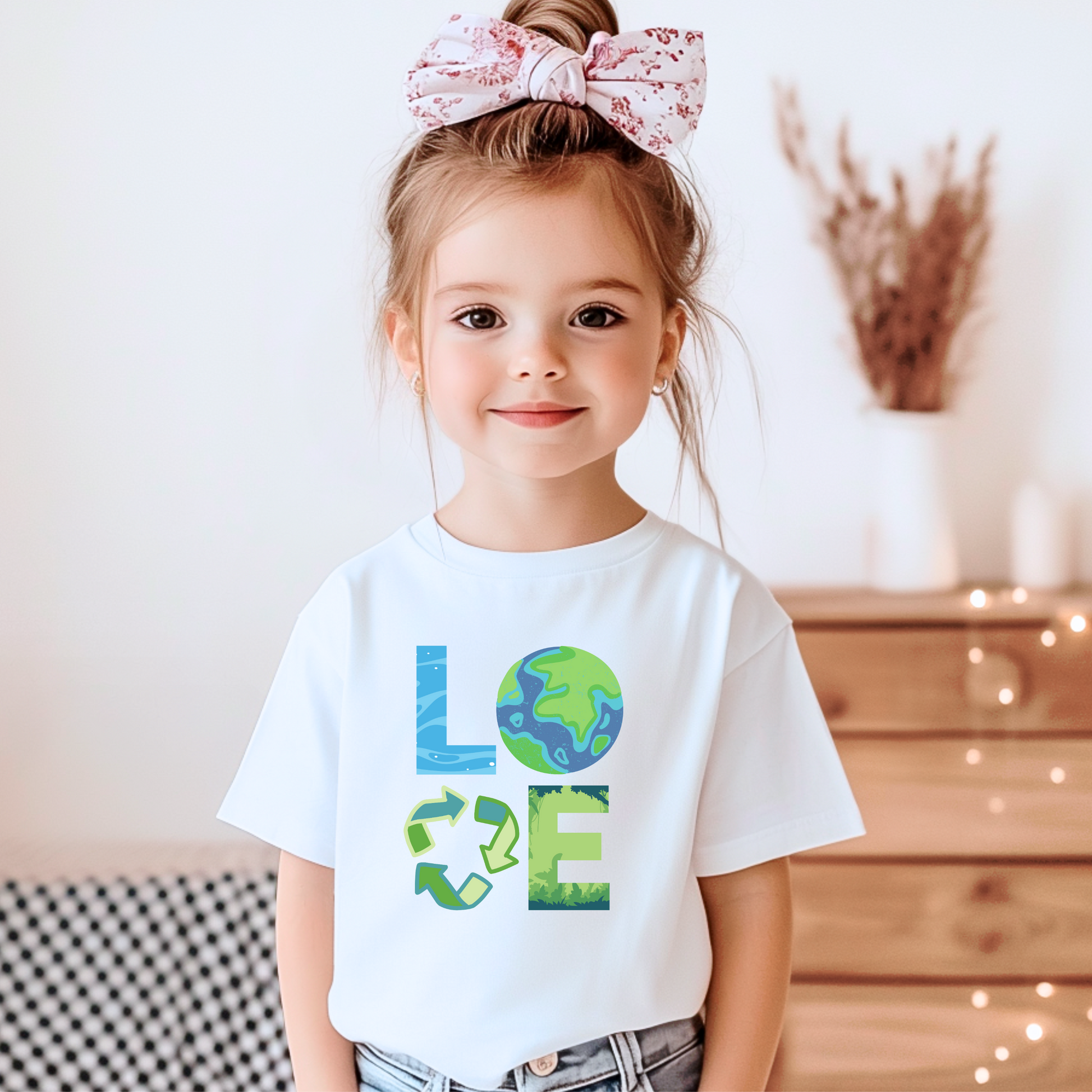 Image: A Love Earth Day shirt designed for babies and toddlers, featuring bold letters that each symbolize an element of nature. The L resembles flowing water, the O is designed as the Earth, the V represents the reduce reuse recycle symbol, and the E is shaped like plants and trees. This eco friendly tee is perfect for Earth Day celebrations, environmental events, and spreading awareness about sustainability and conservation, by jaecrece.