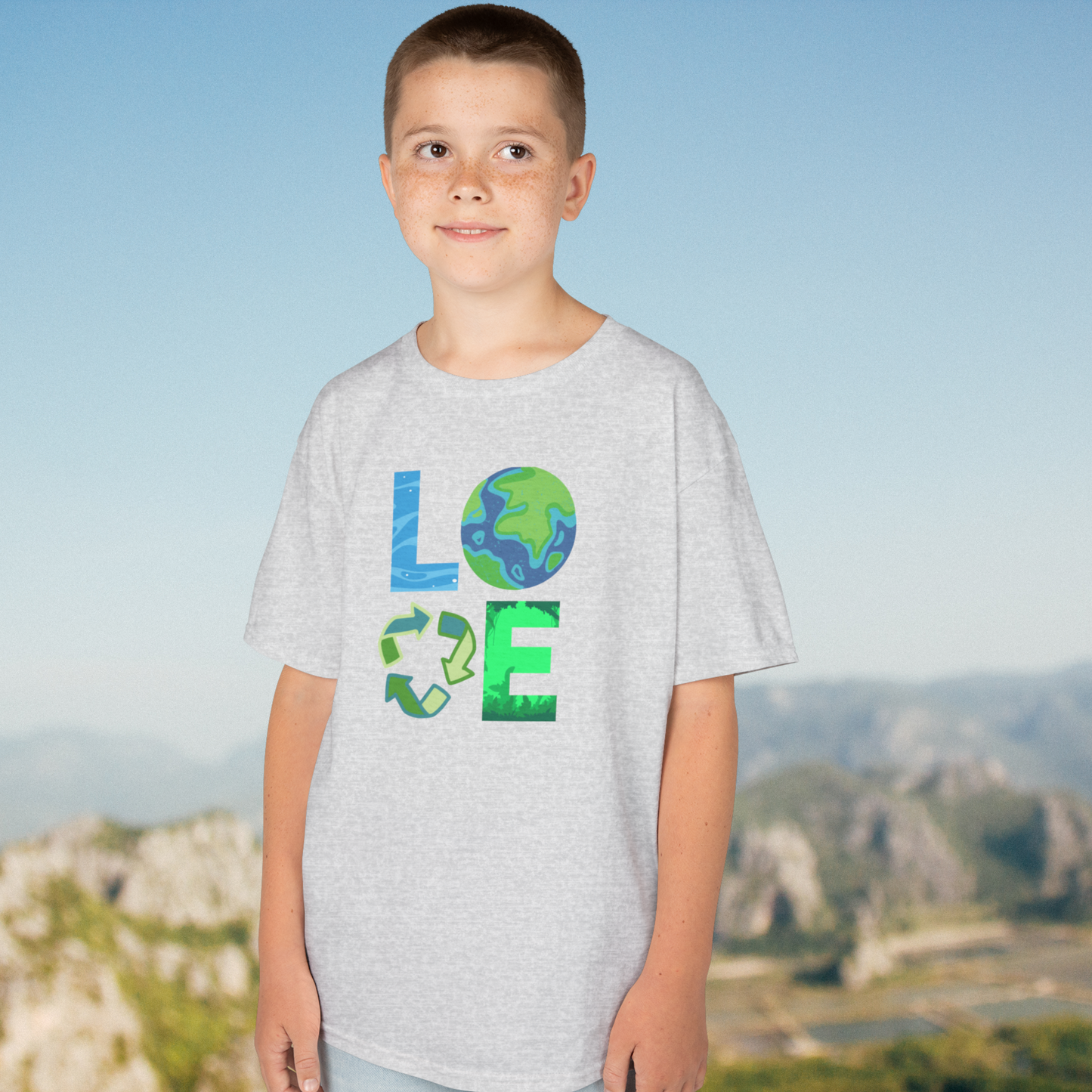 Eco friendly kids shirt for Earth Day featuring a colorful planet inspired design that encourages reduce reuse recycle habits and sustainable green living. Youth unisex sizes XS XL in White Ash Ash Heather Navy and Forest Green. Ideal earth friendly clothing for Earth Day April 22 school celebrations classroom learning and matching family outfits. Soft everyday tee for nature loving kids and outdoor adventures.