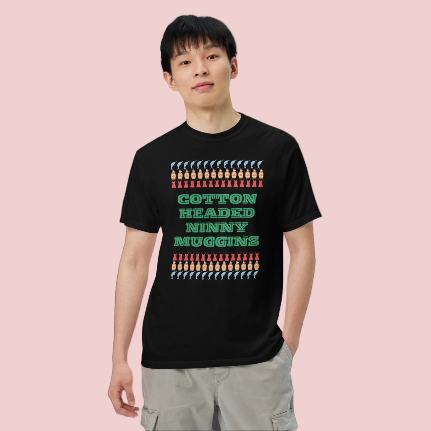 Cotton Headed Ninny Muggins T-Shirt - adult, men women holiday shirt for Elf Movie lovers in Black or white, features words “cotton headed ninny Muggins “ with narwhals, lingerie and maple syrup- all of Buddy the Elf’s favorite things- by jaecrece