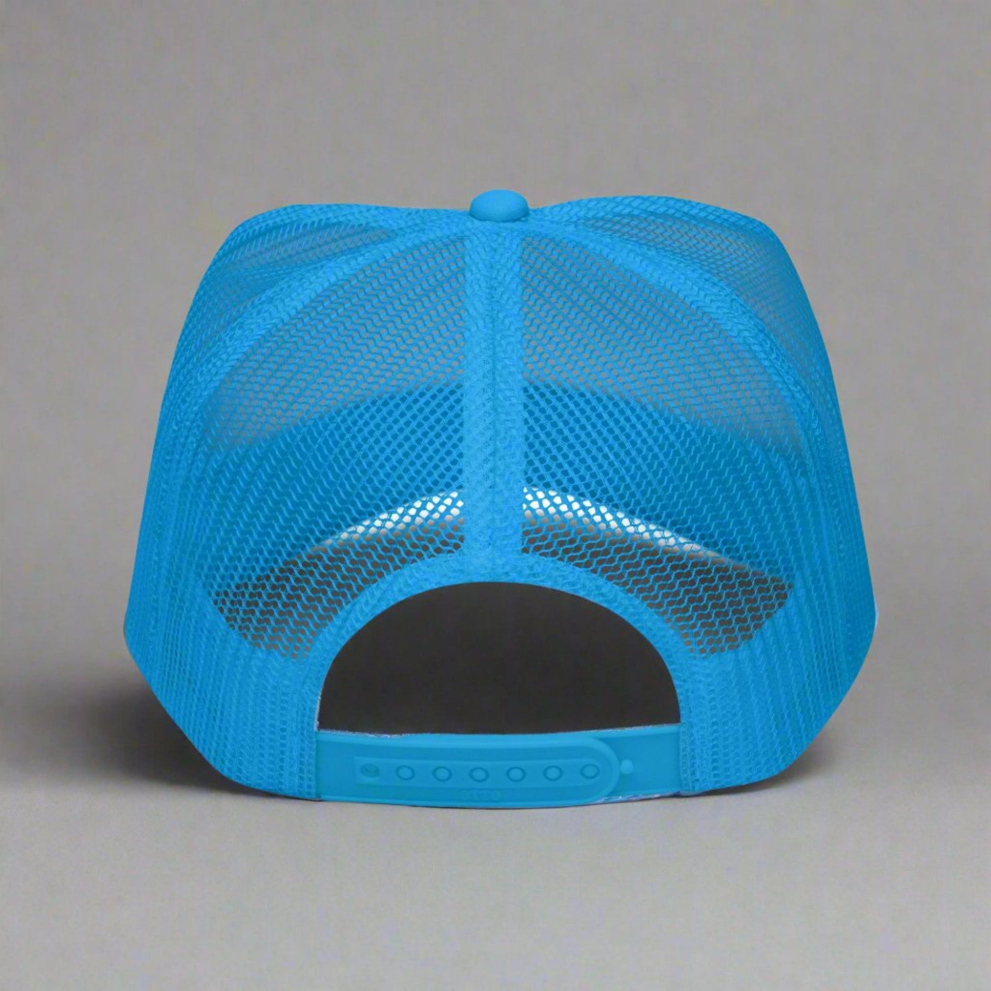 LOVE Earth Day Foam Trucker Hat, which features the letters L-O-V-E in large embroidered block letters in shades of blue and green. The hat is teal and white. The letters each represent water, earth, reduce, reuse, recycle and nature. by jaecrece.com