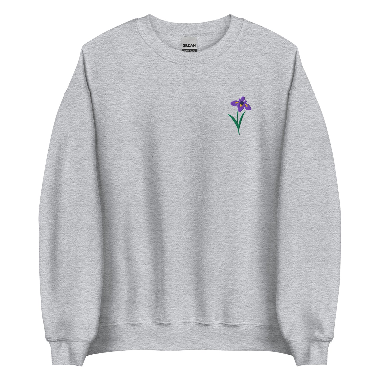 Romantic embroidered iris sweatshirt featuring the February birth flower in a lovely floral design. The cozy cotton blend and elegant embroidery make it perfect for women who appreciate cottagecore charm and botanical details. A heartfelt gift for mothers, daughters, and friends who love cozy florals and timeless feminine style.