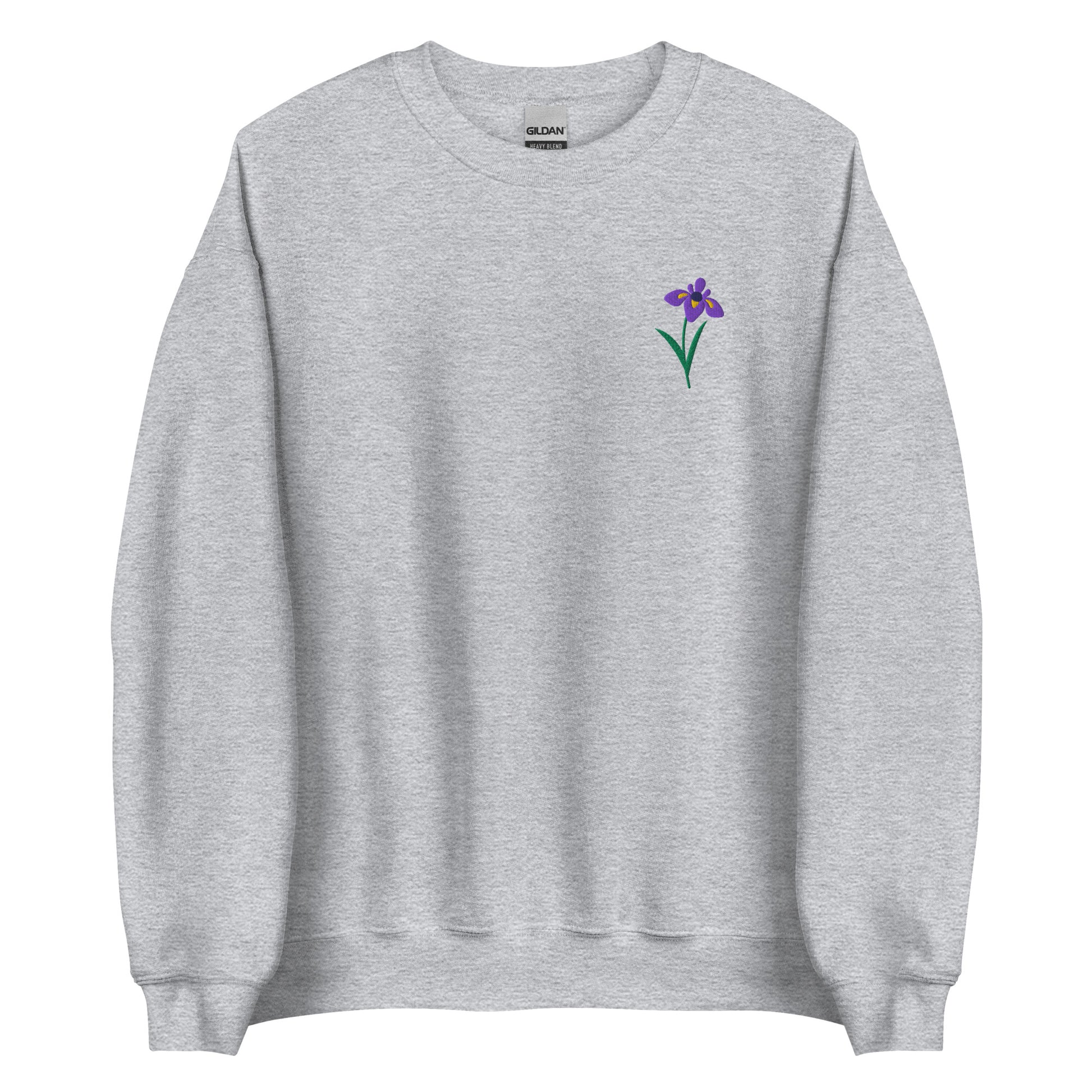 Romantic embroidered iris sweatshirt featuring the February birth flower in a lovely floral design. The cozy cotton blend and elegant embroidery make it perfect for women who appreciate cottagecore charm and botanical details. A heartfelt gift for mothers, daughters, and friends who love cozy florals and timeless feminine style.