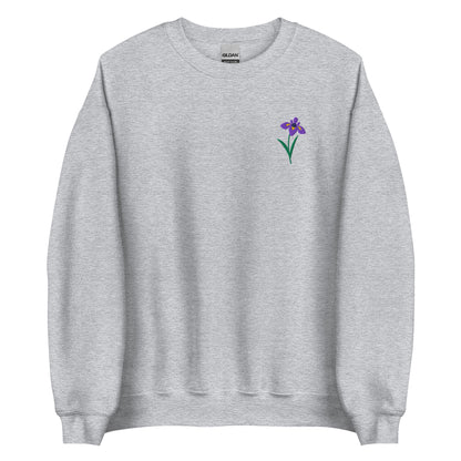Romantic embroidered iris sweatshirt featuring the February birth flower in a lovely floral design. The cozy cotton blend and elegant embroidery make it perfect for women who appreciate cottagecore charm and botanical details. A heartfelt gift for mothers, daughters, and friends who love cozy florals and timeless feminine style.