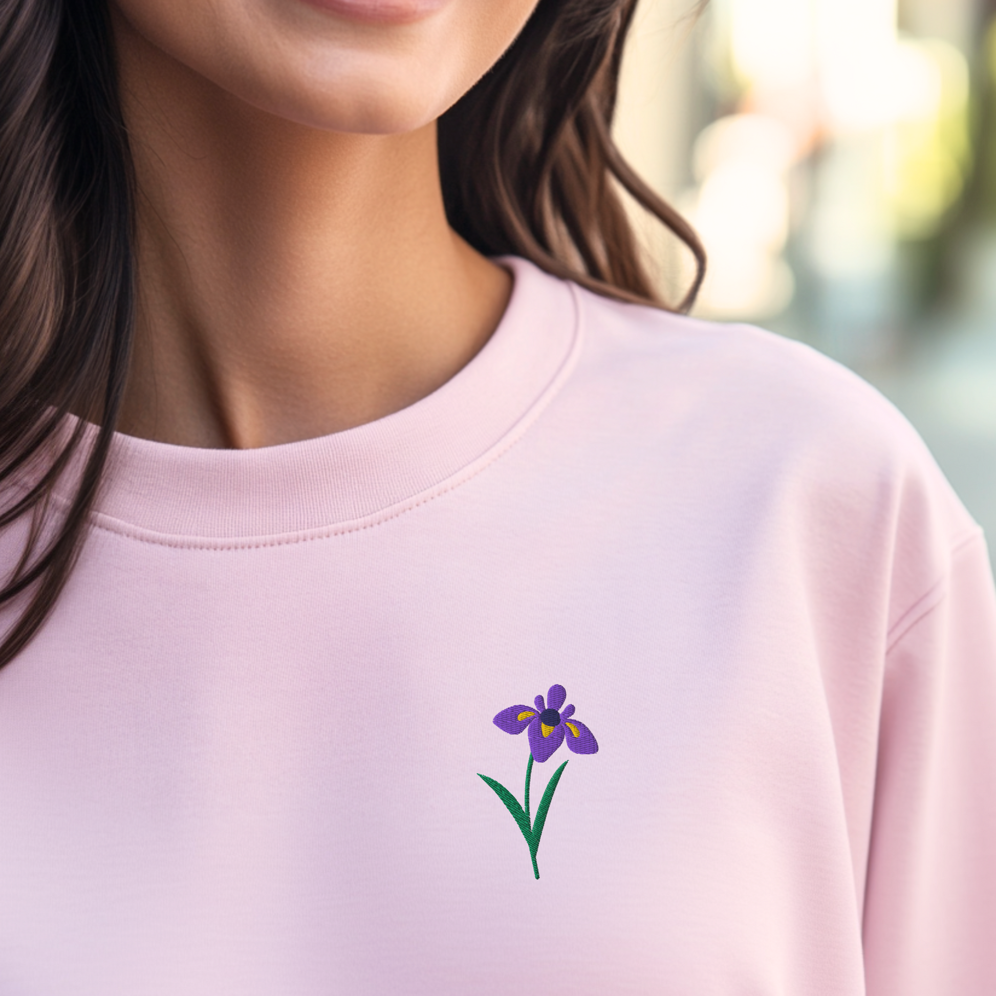 Charming Embroidered Iris Sweatshirt for women who love nature inspired style. The soft cotton blend and detailed flower design create a timeless botanical look that suits any outfit. Perfect for those who adore cottagecore, coquette, or French aesthetics. A meaningful gift for friends and family that celebrates February’s birth flower in cozy comfort.