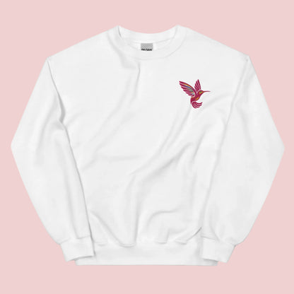 Embroidered bird sweatshirt with hummingbird design on soft unisex Gildan 18000 crewneck. Nature themed clothing with delicate stitching that adds charm to everyday outfits. Perfect for women who love floral and botanical aesthetic fashion. Ideal for gifting, casual wear, and cozy weekends. Comfortable cotton blend fabric available in sizes S to 5XL.