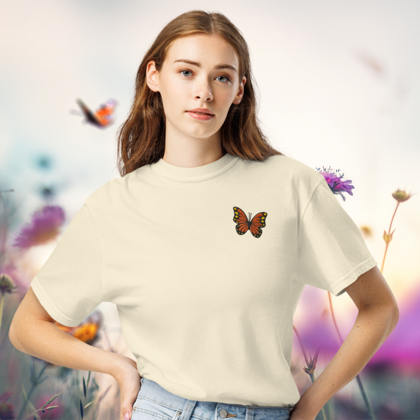 Image: Monarch Butterfly Embroidered Shirt on a woman in a garden, emphasizing cute soft girl aesthetic. This top is a must-have for butterfly obsessed girls, cottagecore fans, and cozy outfit curators. Great as a gift for a girlfriend, sister, or best friend who loves symbolic style, by jaecrece.