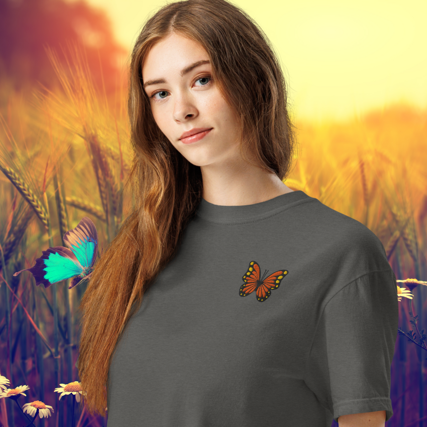 Image: Monarch butterfly embroidery stands out on a high-quality spring t-shirt perfect for teacher outfits, garden club events, or casual nature walks. With vibrant orange thread and earthy tones, this shirt blends function with charm, making it a favorite among outdoor lovers and lovers of handcrafted details, by jaecrece.