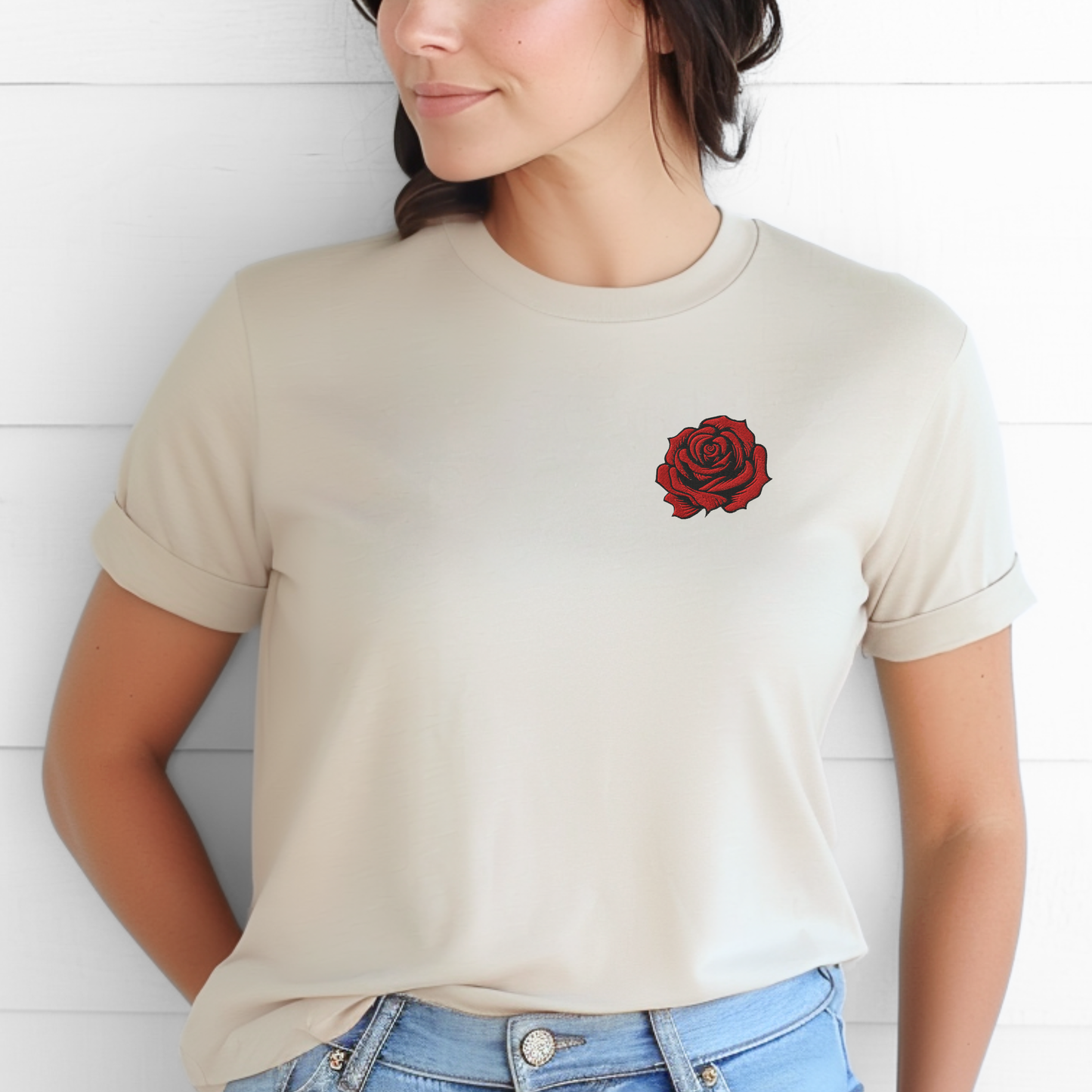 Embroidered rose shirt for women featuring a detailed red rose floral embroidery inspired by traditional tattoo art. This soft cotton shirt offers a cozy romantic look perfect for everyday wear or meaningful gifting. The rose is the June birth flower, symbolizing love and beauty, making this an ideal birthday gift for her, anniversary present, or sentimental floral top for women who love classic embroidery and timeless design.