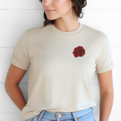 Embroidered rose shirt for women featuring a detailed red rose floral embroidery inspired by traditional tattoo art. This soft cotton shirt offers a cozy romantic look perfect for everyday wear or meaningful gifting. The rose is the June birth flower, symbolizing love and beauty, making this an ideal birthday gift for her, anniversary present, or sentimental floral top for women who love classic embroidery and timeless design.